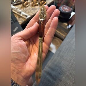Vintage Thai Brass & Wood Letter Opener — Hand-Stamped Nickel Bronze • Buddhist